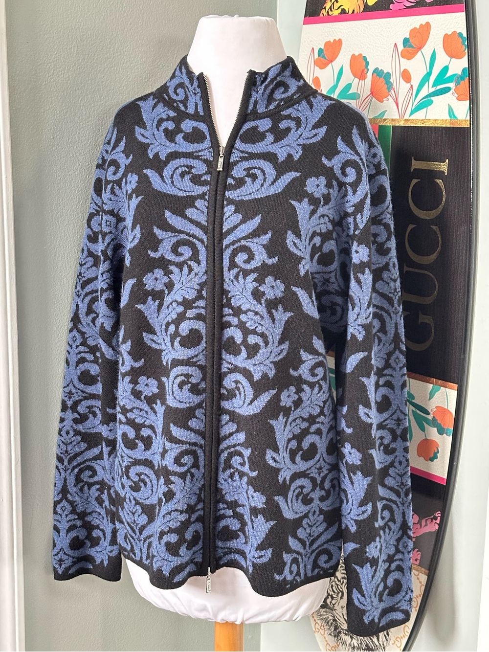 Neve Design 100% Wool Zip-Front Sweater Jacket Baroque Whimsigoth Dark Academia